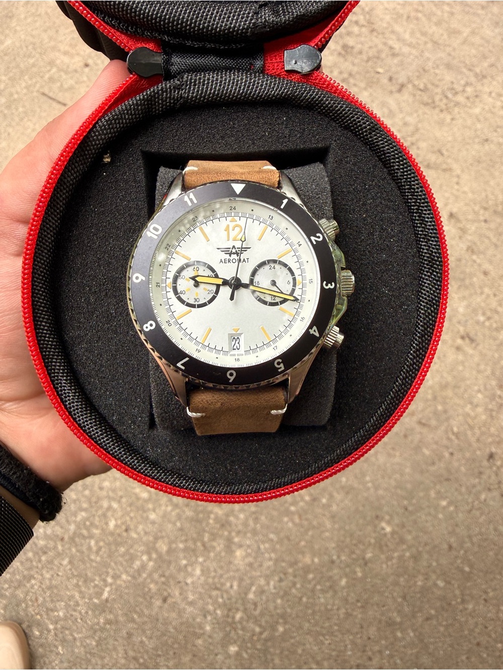 Roma Men's Chronograph Watch — White Dial, Black Bezel, Brown Strap